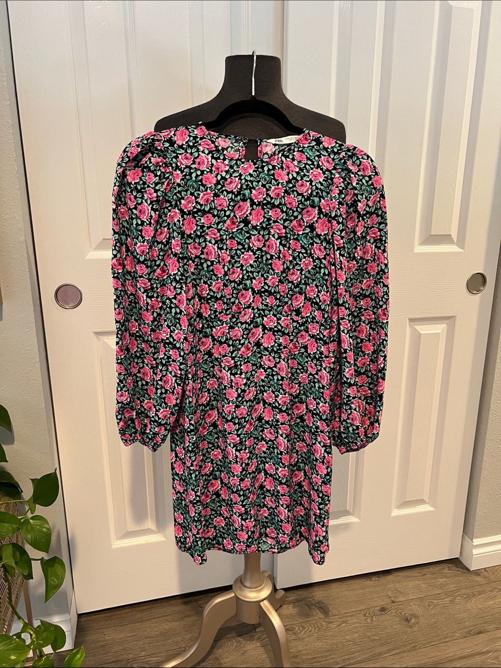 Zara Black Mini Dress with Pink Rose Print